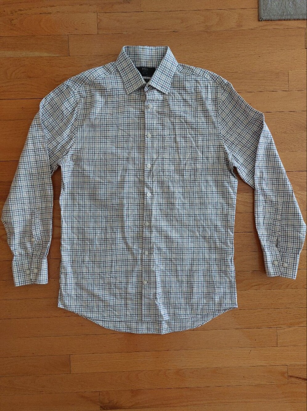 Marks & Spencer Men's White and Blue Checked Dress Shirt